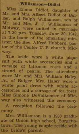 Marriage Notice for Ralph WILLIAMSON to Emma Didiot, 30 Jun 1942