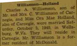 Marriage Notice for Charles A. WILLIAMSON to Ora Mae Holland, 5 Oct 1940