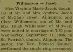 Part 1 Marriage Notice for Clare WILLIAMSON to Virginia Marie Jacob, 11 Sep 1946