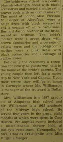 Part 2 Marriage Notice for Clare WILLIAMSON to Virginia Marie Jacob, 11 Sep 1946