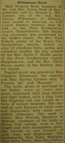 Part 1 Marriage Notice for George L. WILLIAMSON to Virginia Reed, 28 May 1944