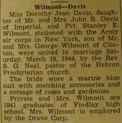 Marriage Notice for Stanley E. WILMONT to Dorothy Jean Davis, 18 Mar 1944