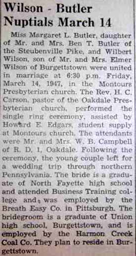 Marriage Notice for Wilbert WILSON to Margaret L. Butler, 14 Mar 1947