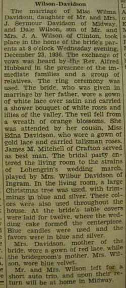 Marriage Notice for Dale WILSON to Wilma Davidson, 23 Dec 1936