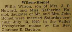 Marriage Notice for Willis WILSON to Katherine Homol, 13 Jul 1940