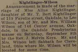 Marriage Notice for Lee WILSON to Aline Kightlinger, 8 Sep 1928