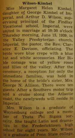 Marriage Notice for Arthur D. WILSON to Margaret Helen Kimbel, 15 Jun 1939