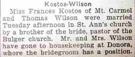 Marriage Notice for Thomas WILSON to Frances Kostos, no date, in 11-25-1925 paper