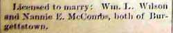LICENSE Notice for Wm. L. WILSON and Nannie E. McCombs, in 9-24-1892 newspaper