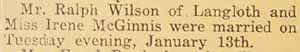 Marriage Notice for Mr. Ralph WILSON to Miss Irene McGINNIS Tues., Jan. 13, 1920