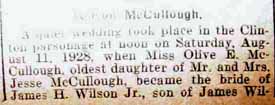 Part 1 Marriage Notice for James H. WILSON, Jr. to Olive E. McCullough, 11 Aug 1928
