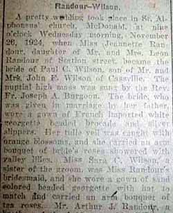 Part 1 Marriage Notice for Paul C. WILSON to Jennette Randour, 26 Nov 1924