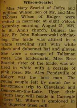 Marriage Notice for William WILSON to Mary Scariot, 21 Aug 1937