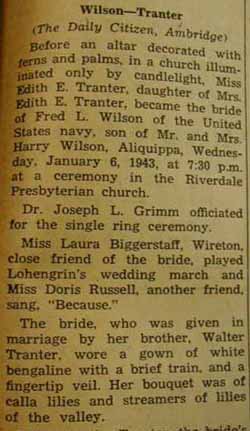 Part 1 Marriage Notice for Fred L. WILSON to Edith E. Tranter, 6 Jan 1943