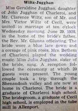 Marriage Notice for Clarence WILTZ to Geraldine Jugghan, 29 Jun 1938
