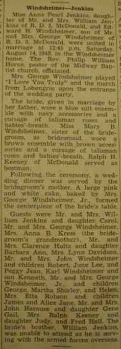 Marriage Notice for Edward H. WINDSHEIMER to Anna Pearl Jenkins, 14 Aug 1943