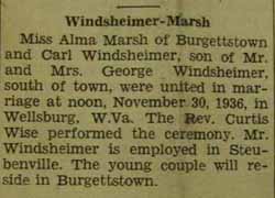Marriage Notice for Carl WINDSHEIMER to Alma Marsh, 30 Nov 1936