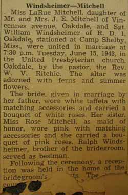 Marriage Notice for William WINDSHEIMER to LaRue Mitchell, 15 Jun 1943