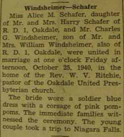 Marriage Notice for Charles G. WINDSHEIMER to Alice M. Schafer, 25 Oct 1940