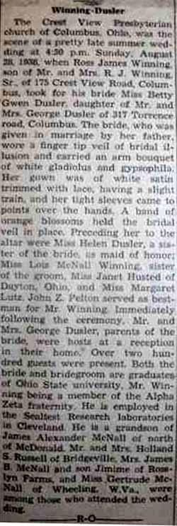 Marriage Notice for Ross James WINNING to Betty Gwen Dusler, 28 Aug 1938