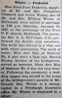 Marriage Notice for Anton WINTER to Ethel June Frederick, 18 Jan 1947