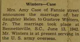 Marriage Notice for Gustave WINTERS, Jr. to Helen Case, 13 Jun 1942