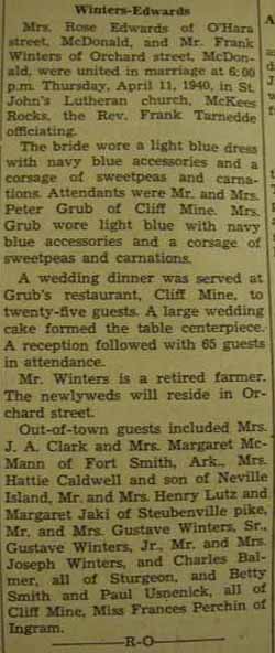 Marriage Notice for Frank WINTERS to Mrs. Rose Edwards, 11 Apr 1940