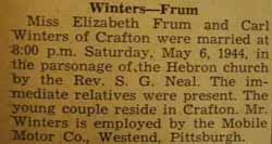 Marriage Notice for Carl WINTERS to Elizabeth Frum, 6 May 1944