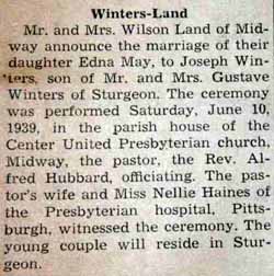 Marriage Notice for Joseph WINTERS to Edna May Land, 10 Jun 1939