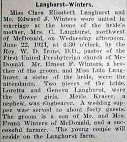 Article 1 Marriage Notice for Edward J. WINTERS to Clara Elizabeth Langhurst, 22 Jun 1921