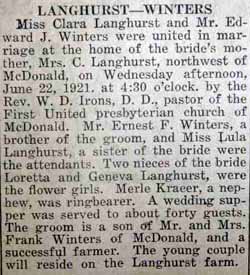 Article 2 Marriage Notice for Edward J. WINTERS to Clara Elizabeth Langhurst, 22 Jun 1921