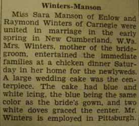 Marriage Notice for Raymond WINTERS to Sara Manson, spring of 1936