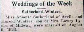 Marriage Notice for Harold WINTERS to Annette Sutherland, 9 Aug 1926
