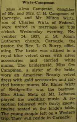 Marriage Notice for Milton WIRTZ to Alma Campman, 24 Nov 1937