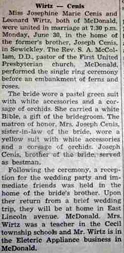 Leonard WIRTZ to Josephine Marie Cenis, 30 Jun 1947