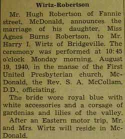 Marriage Notice for Harry I. WIRTZ to Agnes Burns Robertson, 19 Aug 1940