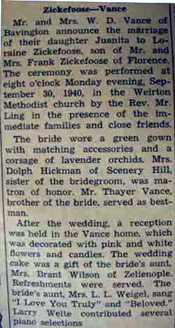 Part 1 Marriage Notice for Loraine ZICKEFOOSE to Juanita Vance, 30 Sep 1940
