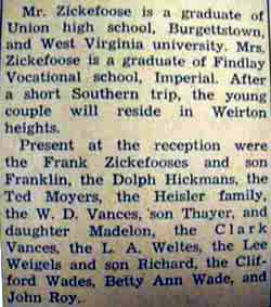 Part 2 Marriage Notice for Loraine ZICKEFOOSE to Juanita Vance, 30 Sep 1940