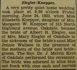 Marriage Notice for Albert R. ZIEGLER to Elizabeth Knepper, 24 Jun 1932