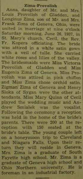 Marriage Notice for Longinus ZIMA to Anna Provolish, 26 Jun 1937