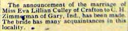 Marriage Notice for C. H. ZIMMERMAN to Eva Lillian Culley no date, in 9-20-1912 paper