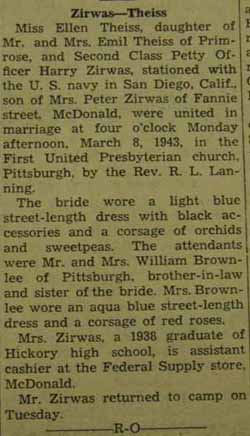 Marriage Notice for  Harry ZIRWAS to Ellen Theiss, 8 Mar 1943