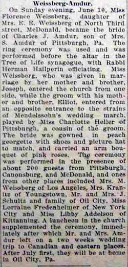 Article 1 Marriage Notice for Charles J. AMDUR to Florence Weissberg, Sunday, 10 Jun 1928