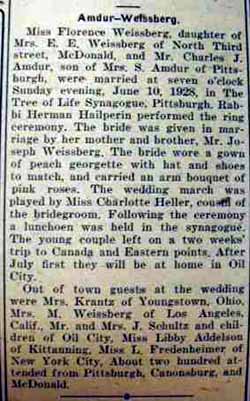 Article 2 Wedding Announcement for Charles J. AMDUR to Florence Weissberg, Sunday, 10 Jun 1928