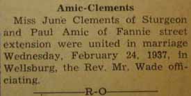 Marriage Notice for Paul AMIC to June Clements, 24 Feb 1937