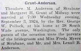 Marriage Notice for Theodore M. ANDERSON to Margaret H. Grant, 3 Sep 1924