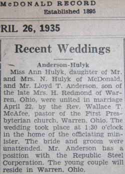 Marriage Notice for Lloyd T. ANDERSON to Ann Hulyk, 22 Apr 1935
