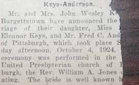 Marriage Notice for Fred C. ANDERSON to ___ Eleanor Keys, 4 Oct 1924