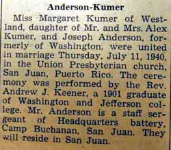 Wedding Announcement for Joseph ANDERSON to Margaret Kumer, 11 Jul 1940 San Juan