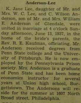 Marriage Notice for C. Wilson ANDERSON to K. Jane Lee, 13 Jun 1937